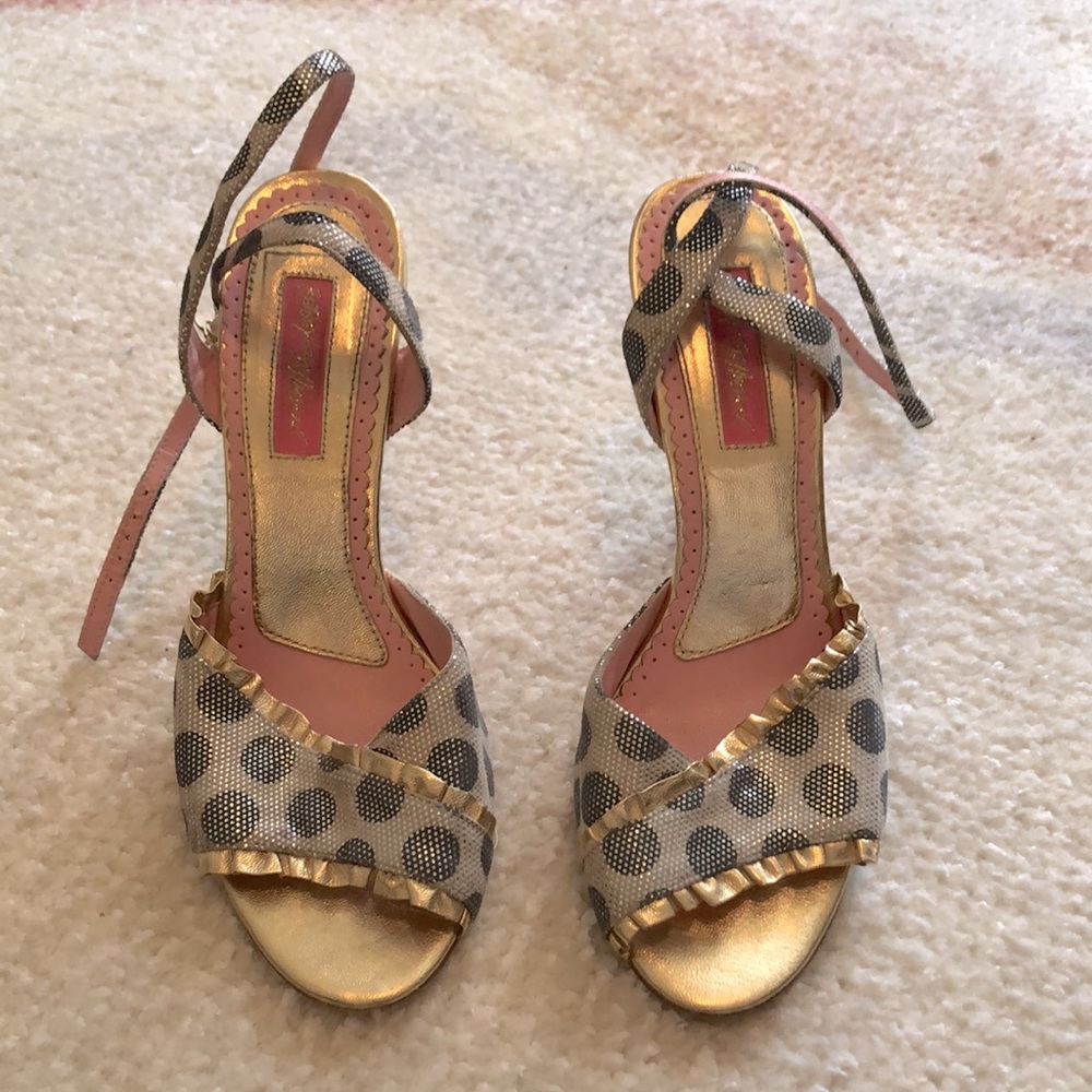 Betsey Johnson black, white, gold polka dot ankle wrap heels (size 8)